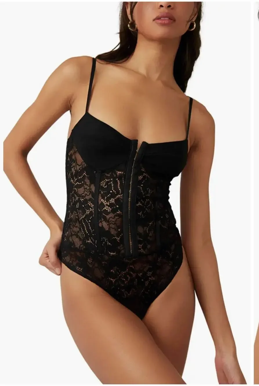 Free People Night Rhythm Lace Bodysuit Black XL